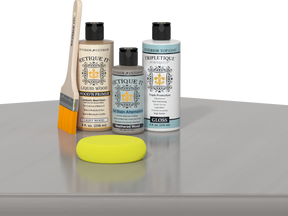 Retique It® Weathered Wood kit with brush, Wood’n Primer, Weathered Wood stain alternative, gloss top coat, and yellow sponge.