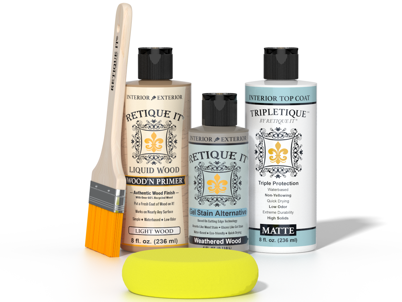 Retique It® Light Wood kit with brush, Wood’n Primer, Weathered Wood stain alternative, matte top coat, and yellow sponge.