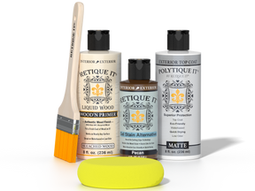 Retique It® White Oak kit with brush, Wood’n Primer, Pecan stain alternative, matte top coat, and yellow sponge.