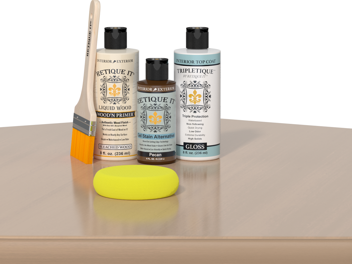Retique It® White Oak kit with brush, Wood’n Primer, Pecan stain alternative, gloss top coat, and yellow sponge on a wood surface.