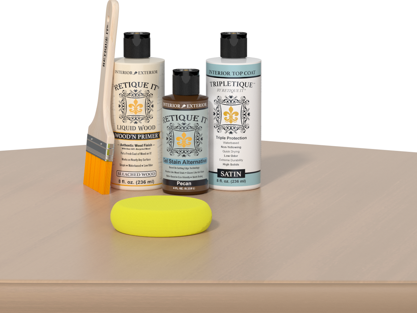 Retique It® White Oak kit with brush, Wood’n Primer, Pecan stain alternative, satin top coat, and yellow sponge on a wood surface.