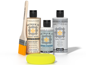 Retique It® Light Wood Wood’n Primer with White Wash Gel Stain Alternative, matte topcoat, brush, and yellow sponge.