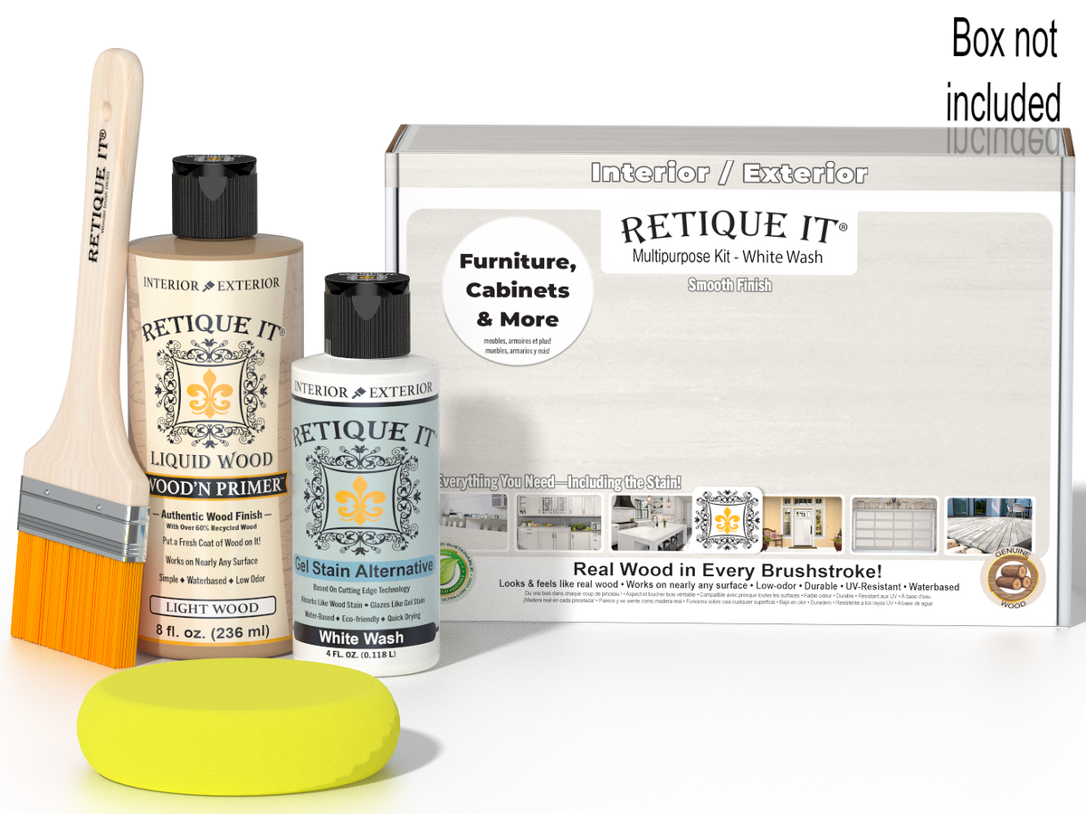 Retique It® Light Wood Wood’n Primer with White Wash Gel Stain Alternative, brush, yellow sponge, and box not included.