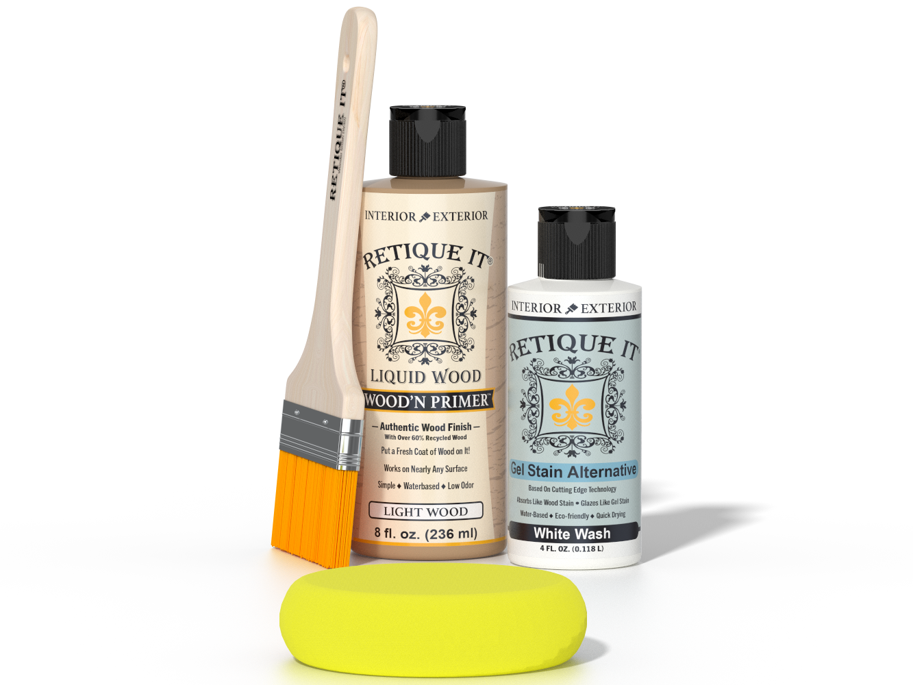 Retique It® Light Wood Wood’n Primer with White Wash Gel Stain Alternative, brush, and yellow sponge on a dark background.