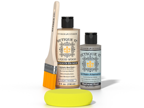Retique It® Light Wood kit with brush, Wood’n Primer, Weathered Wood stain alternative, and yellow sponge.