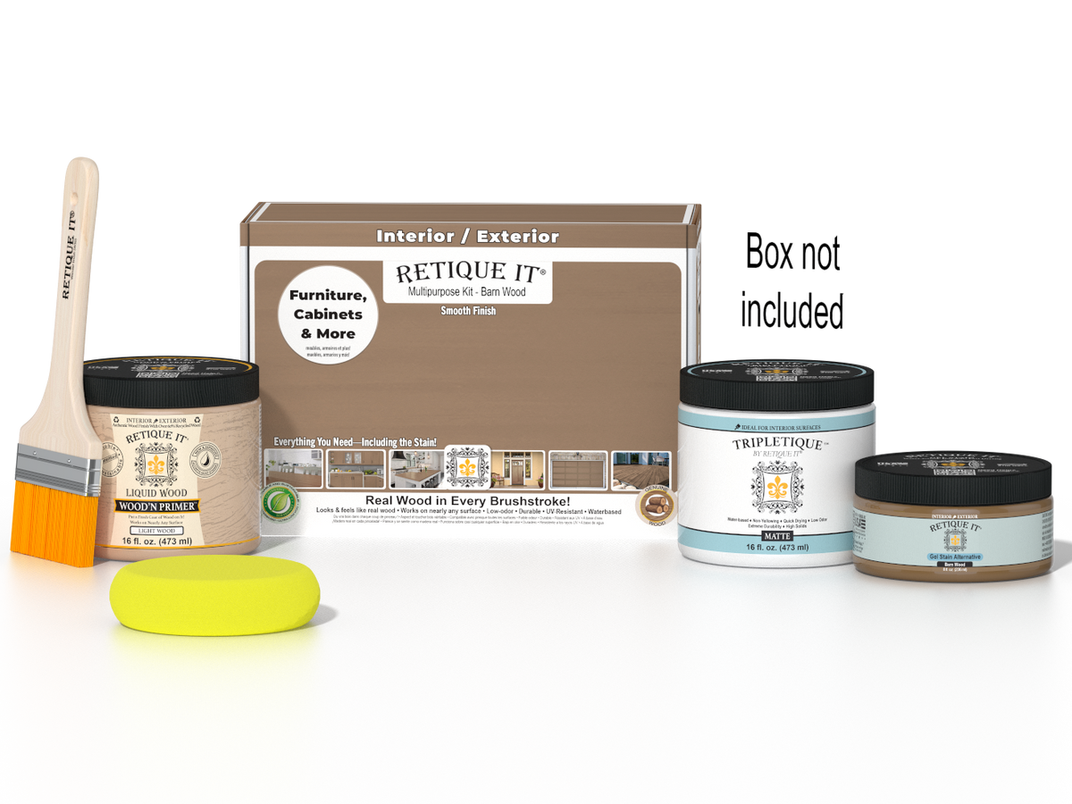Retique It Barn Wood Kit with box, Matte Tripletique, Light Wood Wood'n Primer, Barn Wood Gel Stain Alternative, paintbrush, and yellow sponge.