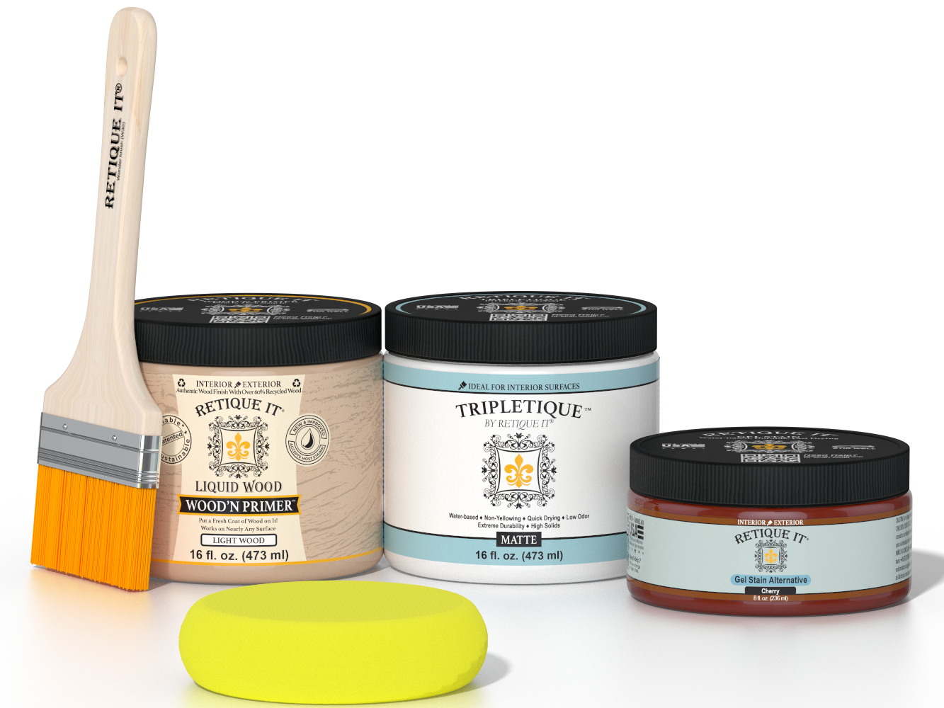 Retique It® Cherry Brush-On Kit with Matte TripleTique® includes a brush, Light Wood primer, Cherry Gel Stain Alternative, Matte TripleTique® top coat, and a yellow sponge.