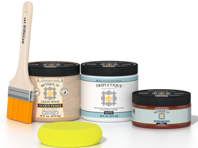 Retique It® Cherry Brush-On Kit with Matte TripleTique® includes a brush, Light Wood primer, Cherry Gel Stain Alternative, Matte TripleTique® top coat, and a yellow sponge.