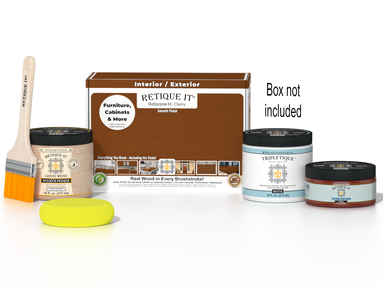 Retique It® Cherry Brush-On Kit with Matte TripleTique® shown with the Cherry Multipurpose Kit box, brush, Light Wood primer, Cherry Gel Stain Alternative, Matte TripleTique® top coat, and a yellow sponge.