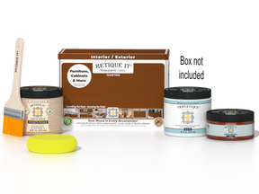 Retique It® Cherry Brush-On Kit with Matte TripleTique® shown with the Cherry Multipurpose Kit box, brush, Light Wood primer, Cherry Gel Stain Alternative, Matte TripleTique® top coat, and a yellow sponge.