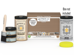 Large Barn Wood Multi-purpose Smooth Finish Kit by Retique It® for exterior wood top coating, includes application tools and product box.