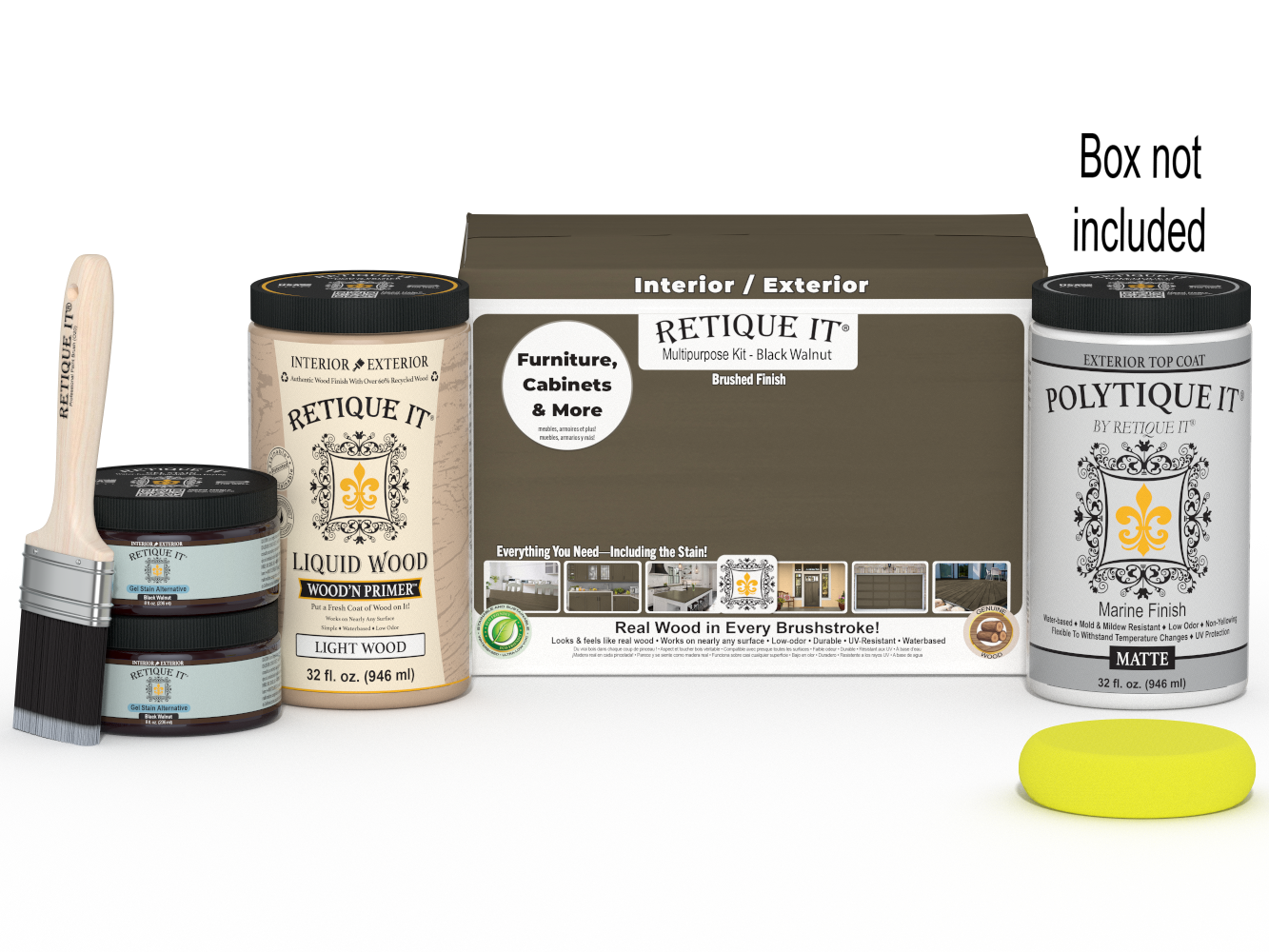 Large black walnut wood finish kit with exterior top coat in matte, including brushes and accessories, by Retique It®.