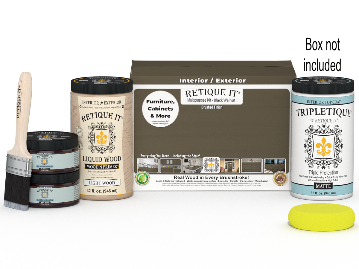 Large black walnut wood finish kit by Retique It® for interior top coats, includes smooth finish products in a sturdy box.