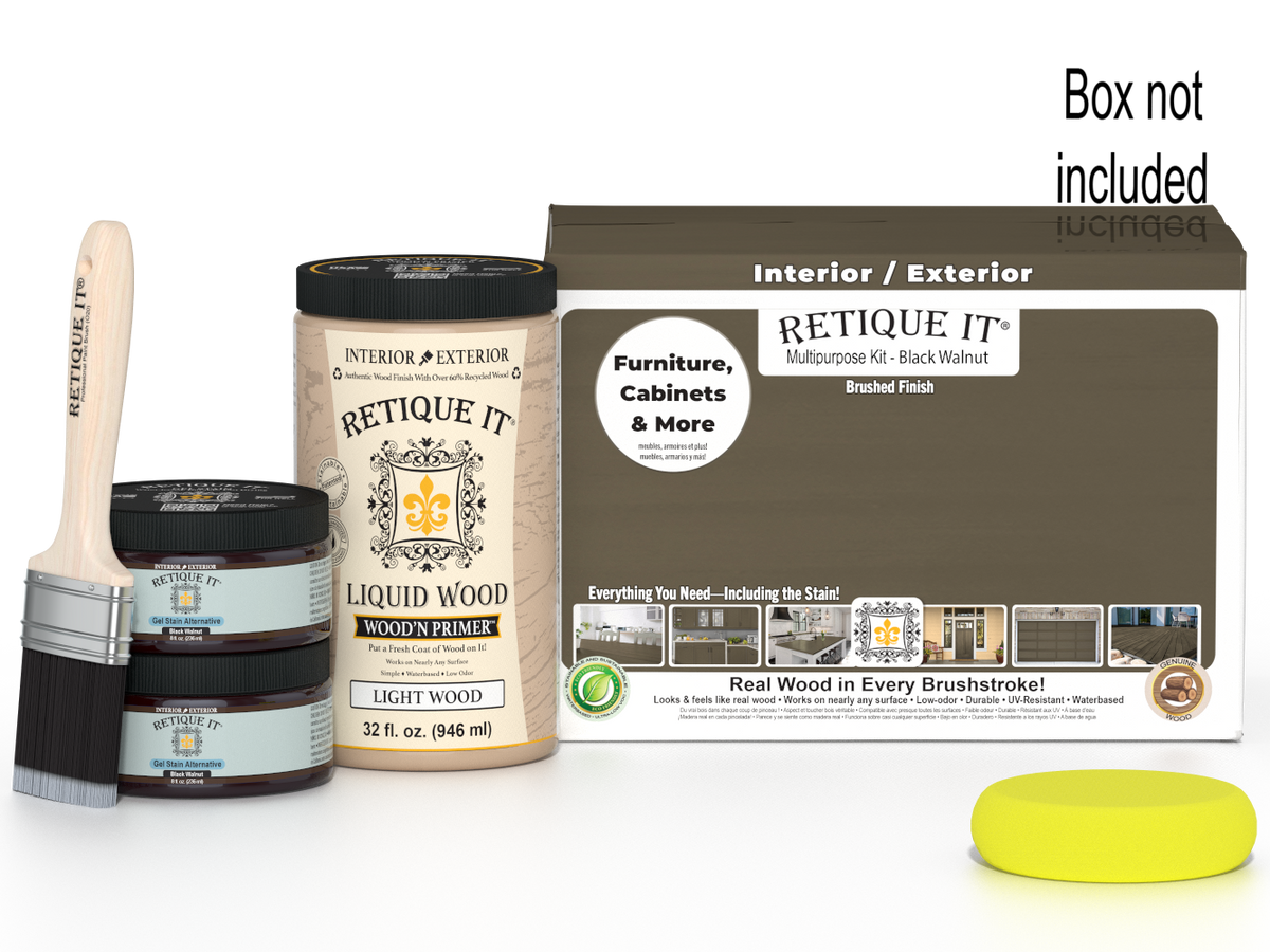 Large black walnut wood finish kit by Retique It® for smooth, multi-purpose woodworking projects, including tools and supplies.