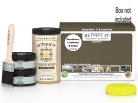 Large black walnut wood finish kit by Retique It for smooth, multi-purpose woodworking projects, including tools and supplies.