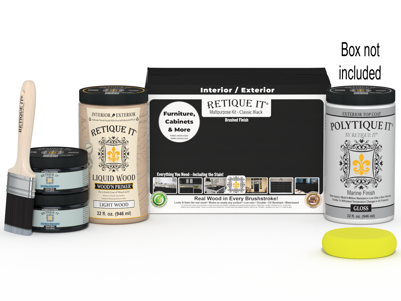 Retique It® large black wood finish kit with smooth exterior top coat in gloss, includes application tools and instructions.