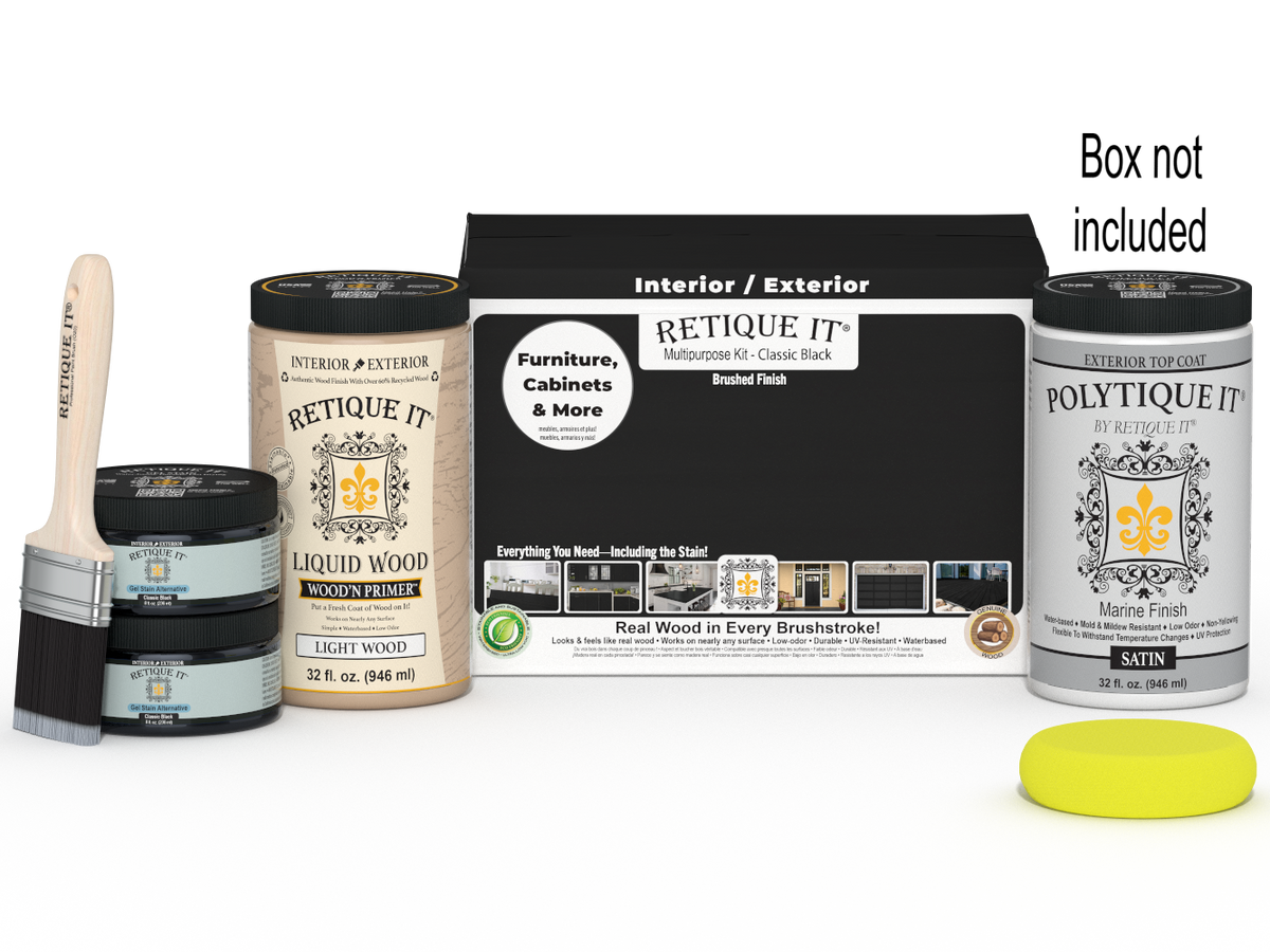 Retique It Multi-purpose Smooth Finish Kit in classic black for wood, exterior top coat, includes large kit and applicator tools.