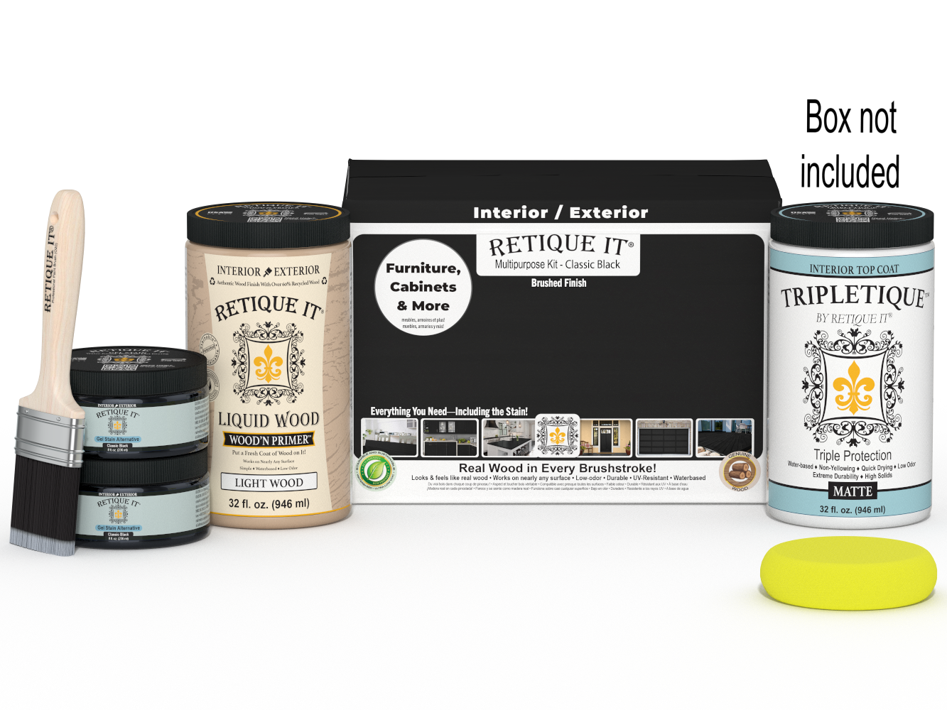 Large Black wood finish kit by Retique It® with interior top coat in sleek black, featuring brushes and finishing supplies.