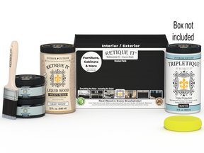 Large Black wood finish kit by Retique It® with interior top coat in sleek black, featuring brushes and finishing supplies.