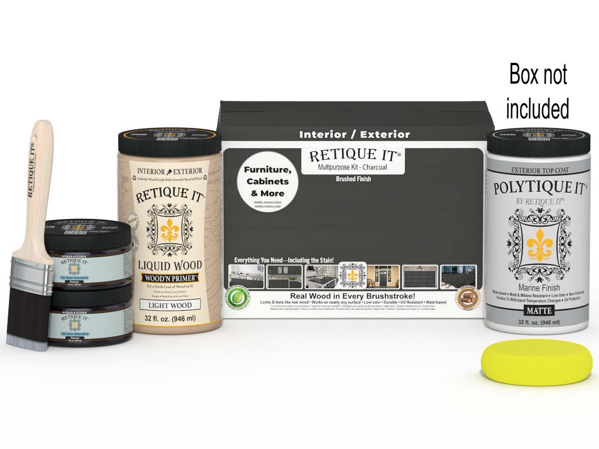 Large charcoal wood exterior top coat from Retique It® Multi-purpose Smooth Finish Kit, shown in open box with application tools.
