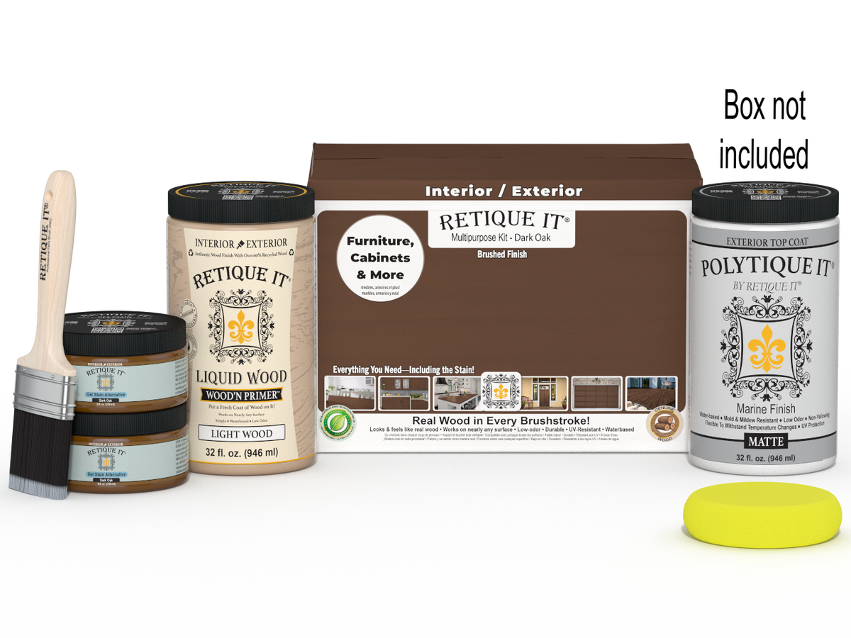 Large Dark Oak wood finish kit from Retique It® with exterior top coat and matte finish, including tools and products in the box.