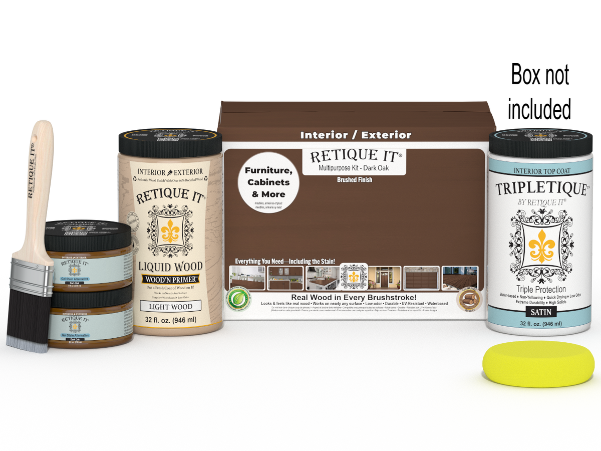 Large Dark Oak wood finish kit by Retique It with interior top coat and tools for smooth wood surface application.