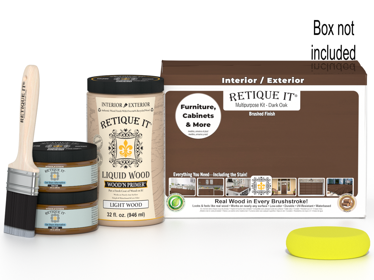 Large Dark Oak Wood'n Finish Kit by Retique It® for multi-purpose wood finishing projects, includes smooth finish tools and supplies.