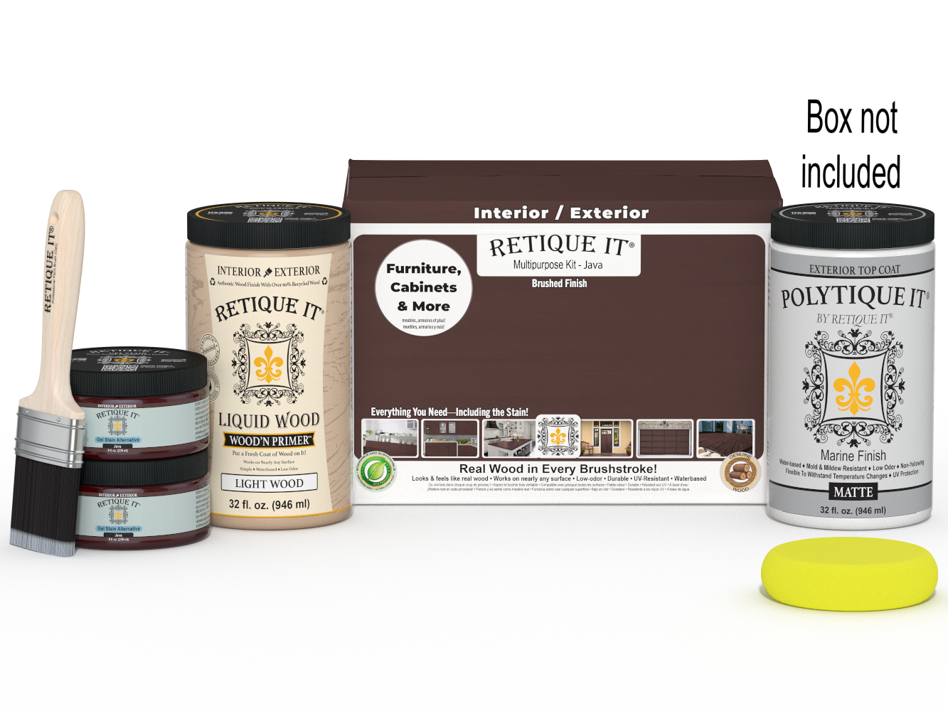 Large Java wood finish kit with exterior top coat, smooth matte finish, from Retique It® Wood'n Finish Kits, includes application box.