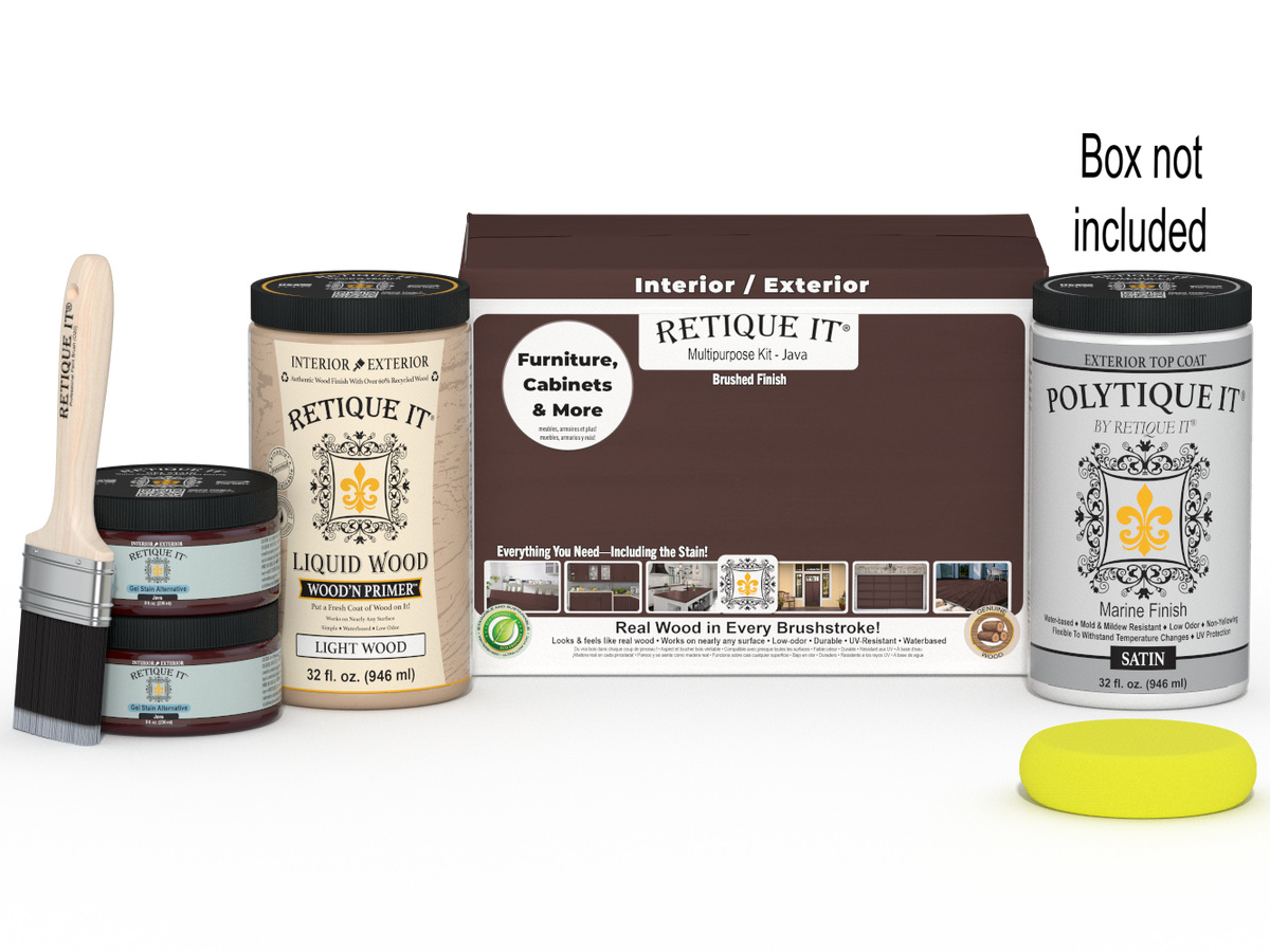 Retique It Multi-purpose Smooth Finish Kit (Large) in Java with wood top coat and applicator brush for exterior wood projects.