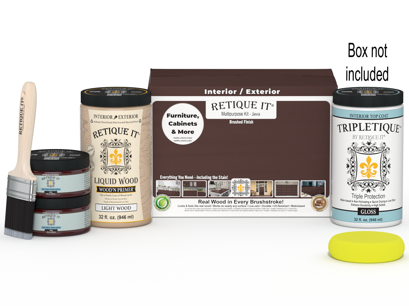 Large Java Multi-purpose Smooth Finish Kit by Retique It® for interior wood top coating, includes brushes and finishing tools.