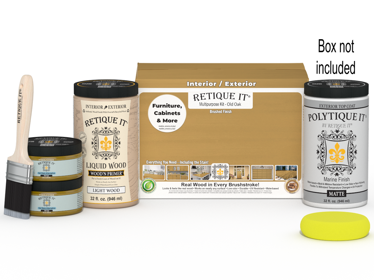 Retique It® Multi-purpose Large Smooth Finish Kit in Old Oak for exterior wood with matte top coat, includes brushes and finish tools.
