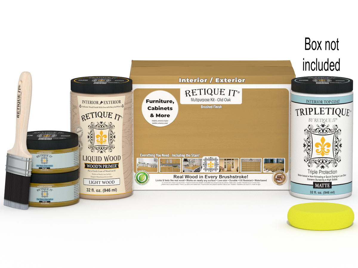 Retique It® large Multi-purpose Smooth Finish Kit in Old Oak for interior wood top coating, includes applicator tools and wood stain.