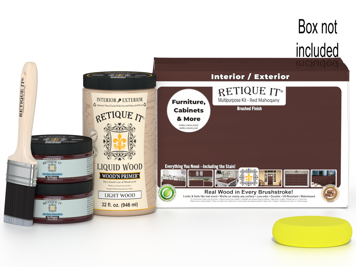 Large Red Mahogany Wood'n Finish Kit by Retique It® with smooth finish and multiple tools for woodworking projects.