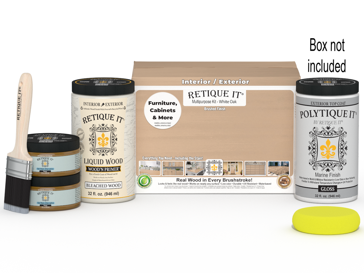 Large white oak wood finish kit by Retique It with exterior gloss top coat and smooth finish, ideal for multi-purpose woodworking projects.
