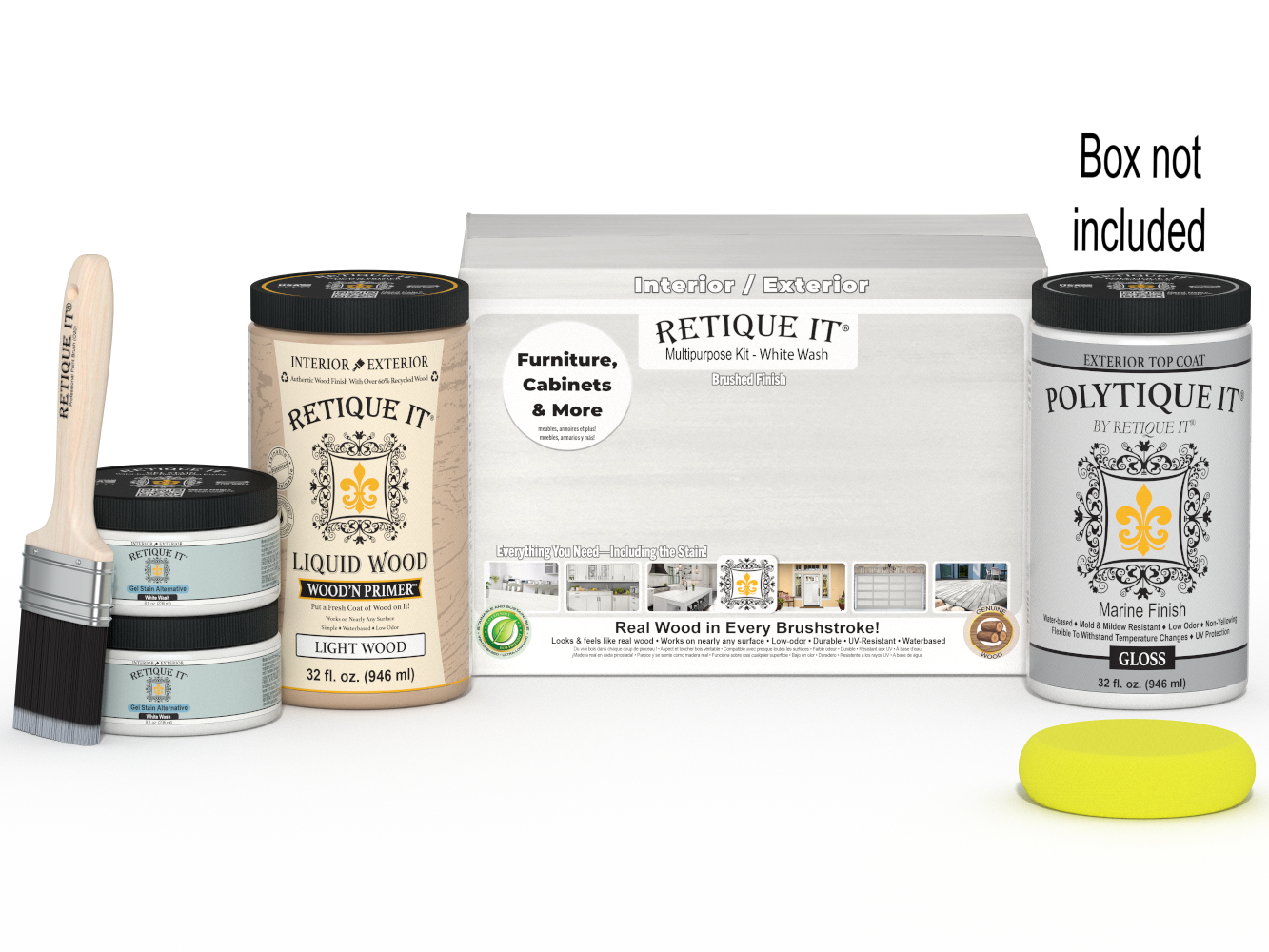 Large white wash exterior gloss wood finish kit by Retique It® with smooth finish, including top coat and application tools.