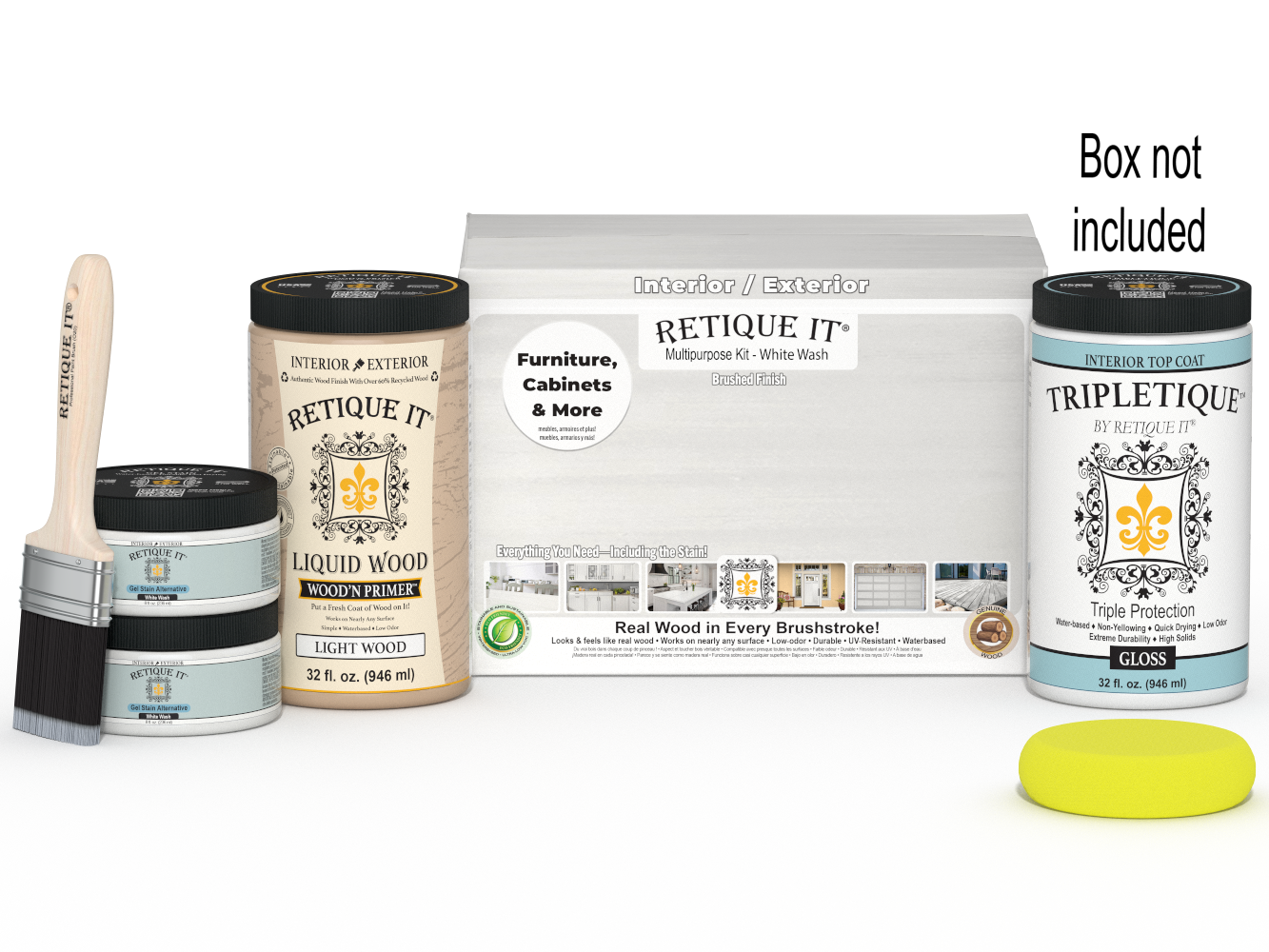 Large white wash interior wood finish kit by Retique It® featuring a smooth, multi-purpose top coat for wood surfaces.