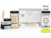 Large white wash interior top coat wood finish kit by Retique It® with brushes and tools in the packaging.