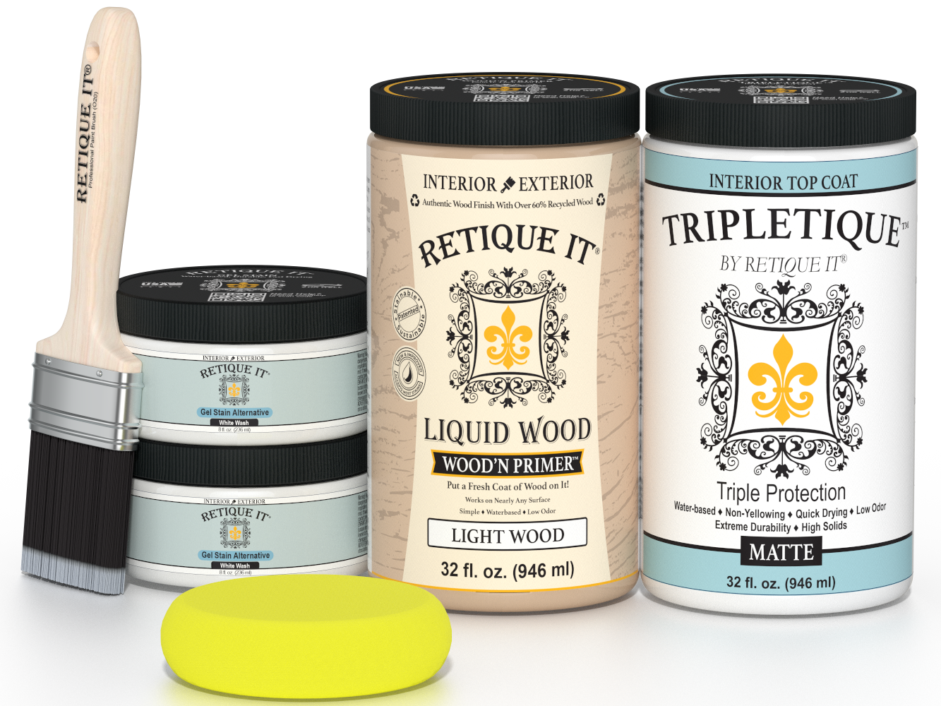 Retique It® large white wash wood finish kit with smooth top coat for interior projects, featuring brushes and accessories.