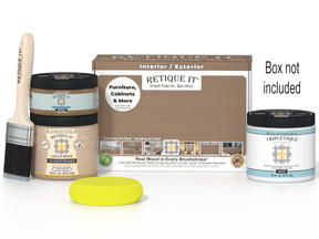 Painting kit with a brush, paint can, and container on a white background