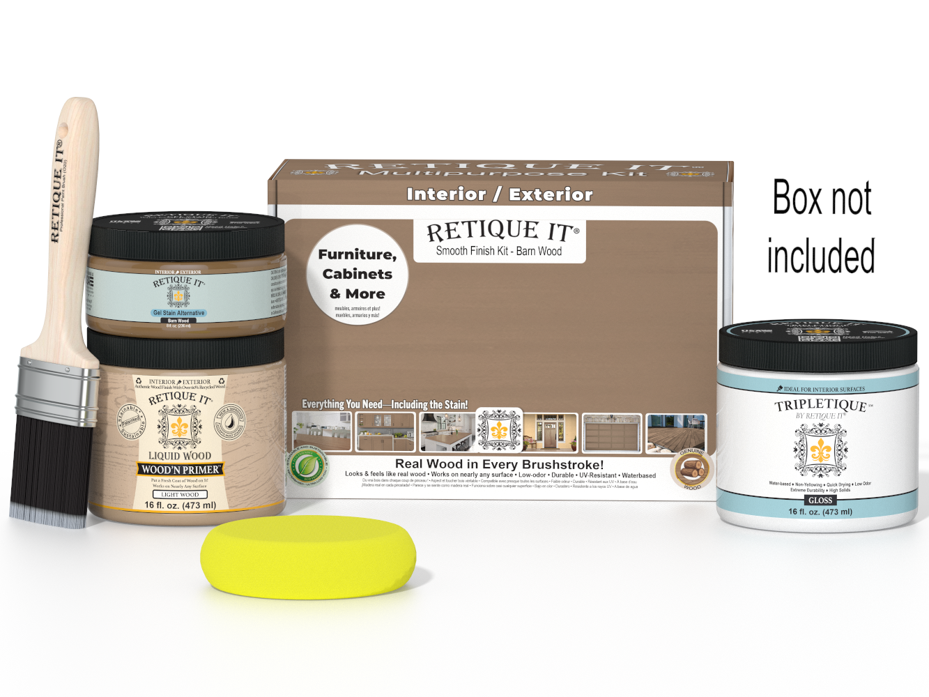Painting kit with a brush, jar, and box labeled 'Retique It' on a white background.