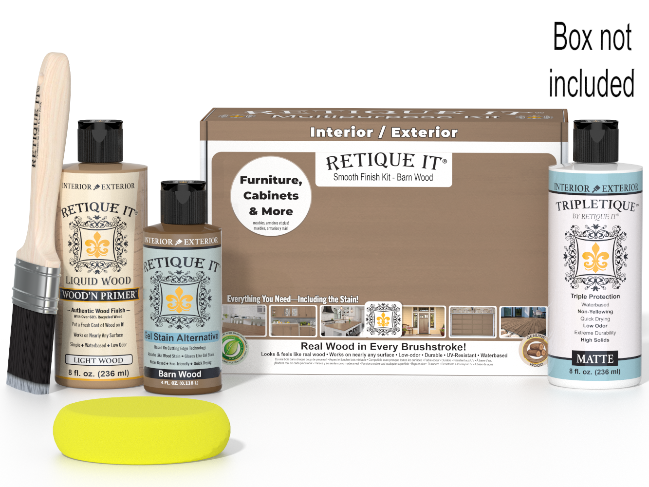 Retique It! wood finish kit with bottles, brush, and box on a white background
