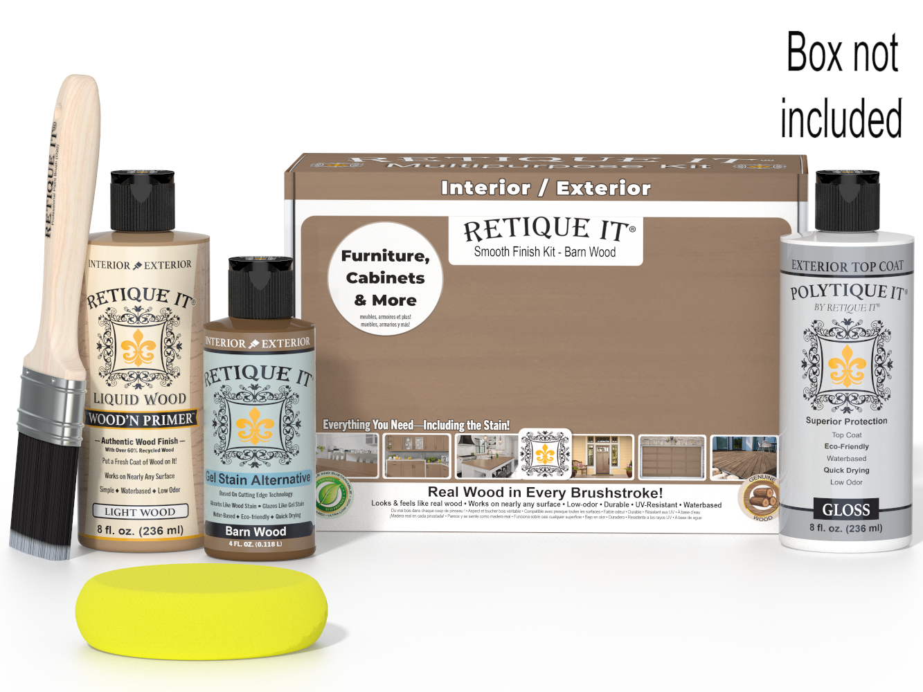 Retique It wood finish kit with bottles, brush, and box on a white background