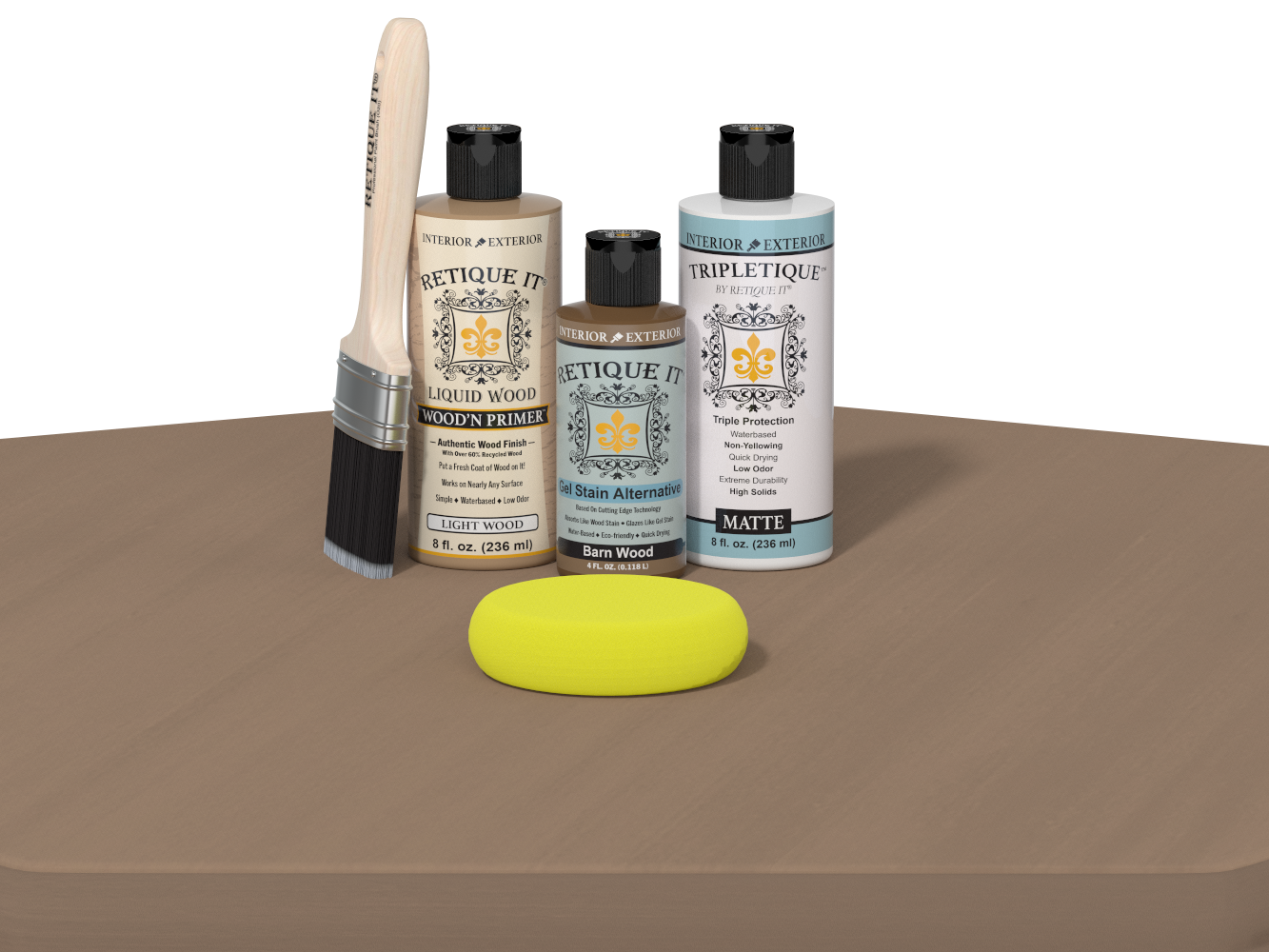 Collection of Etiquette It wood care products on a brown surface