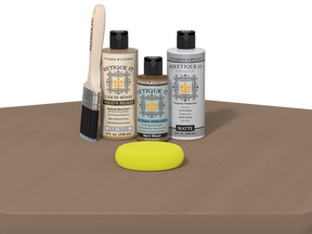 Set of Etiquette It wood care products on a brown surface