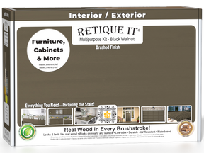 Retique It® Black Walnut Multi-purpose Smooth Finish Kit for interior wood projects, includes top coat and application tools.