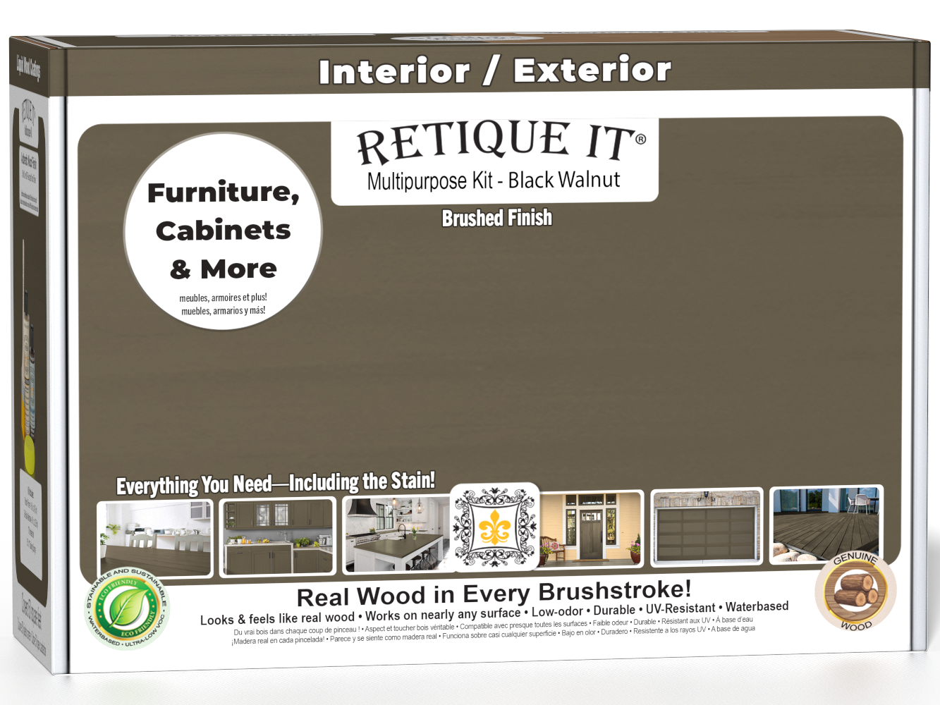 Retique It® Multi-purpose Smooth Finish Kit in Black Walnut for exterior wood projects, includes top coat and application tools.