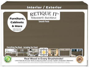 Retique It® Black Walnut multi-purpose wood finish kit with four large containers, featuring a sleek black walnut wood finish on the box.