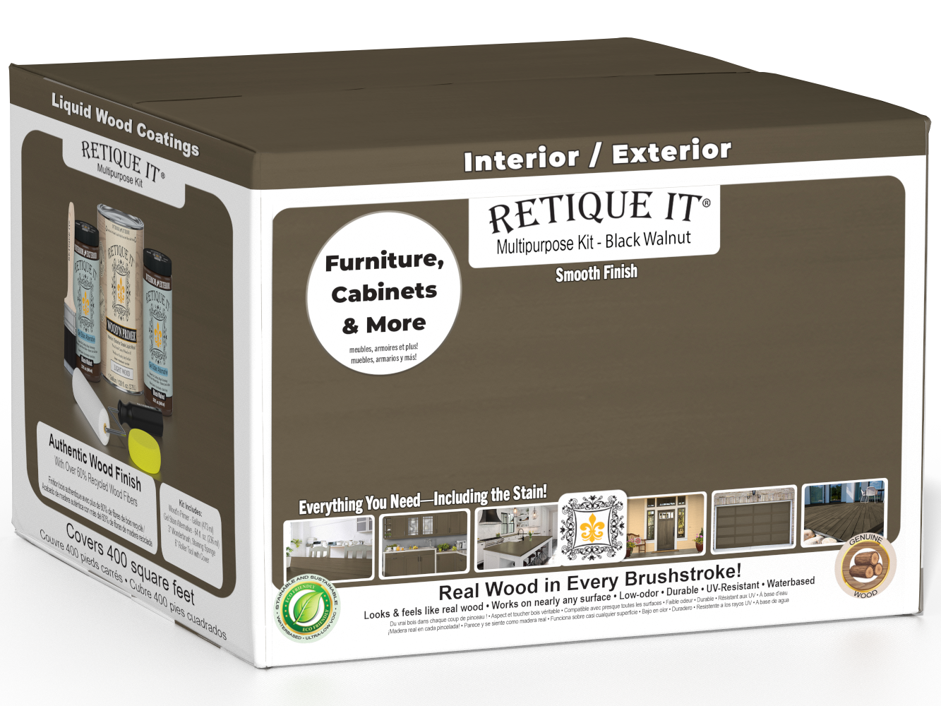 Retique It® Multi-purpose Smooth Finish Kit in Black Walnut for interior wood projects, includes four large top coat bottles.