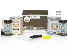 Retique It® Black Walnut multi-purpose smooth finish kit with four large exterior top coat bottles and application tools.
