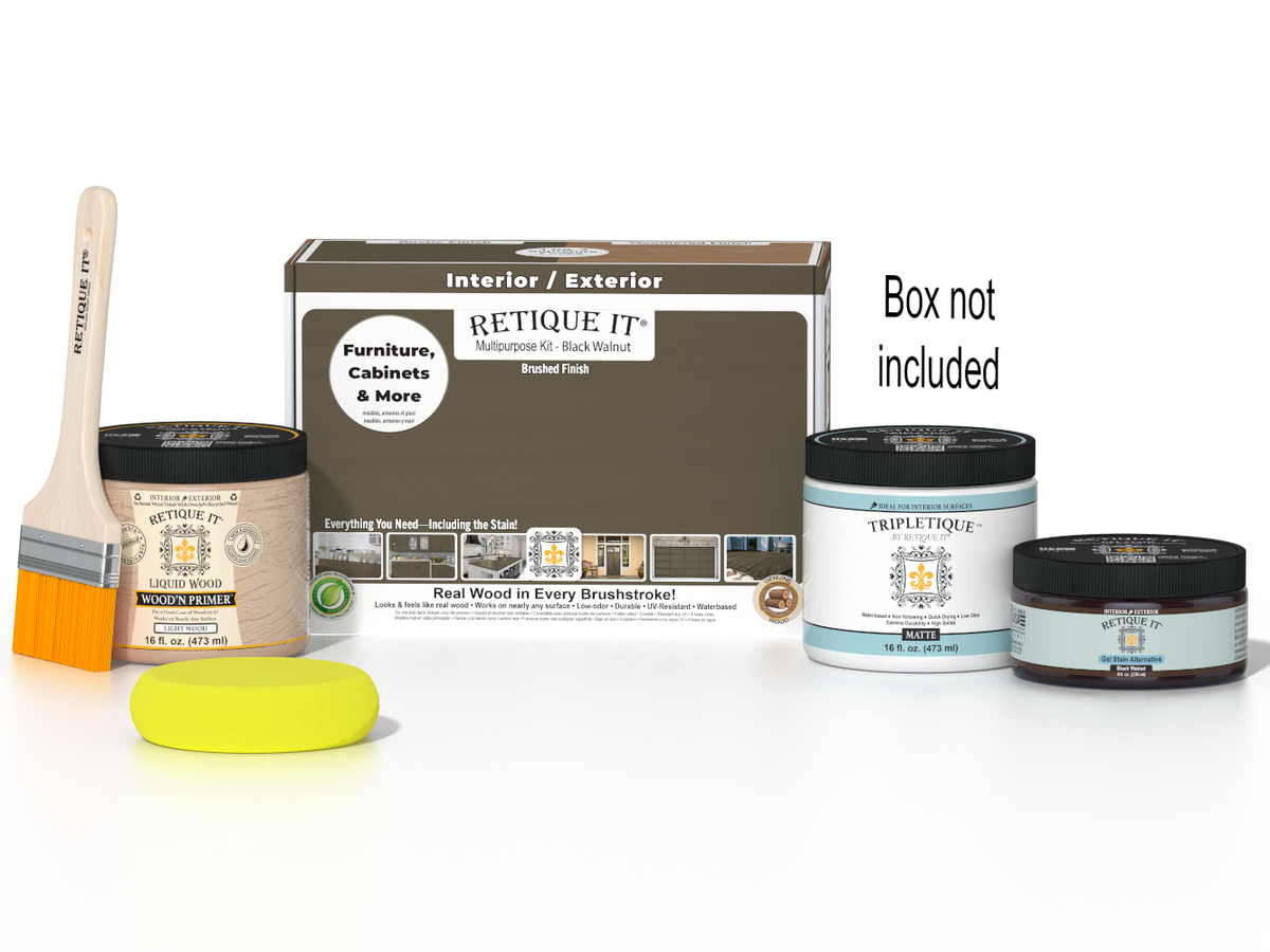Retique It® Multi-purpose Smooth Finish Kit in Black Walnut for interior wood projects, includes top coat and application tools.